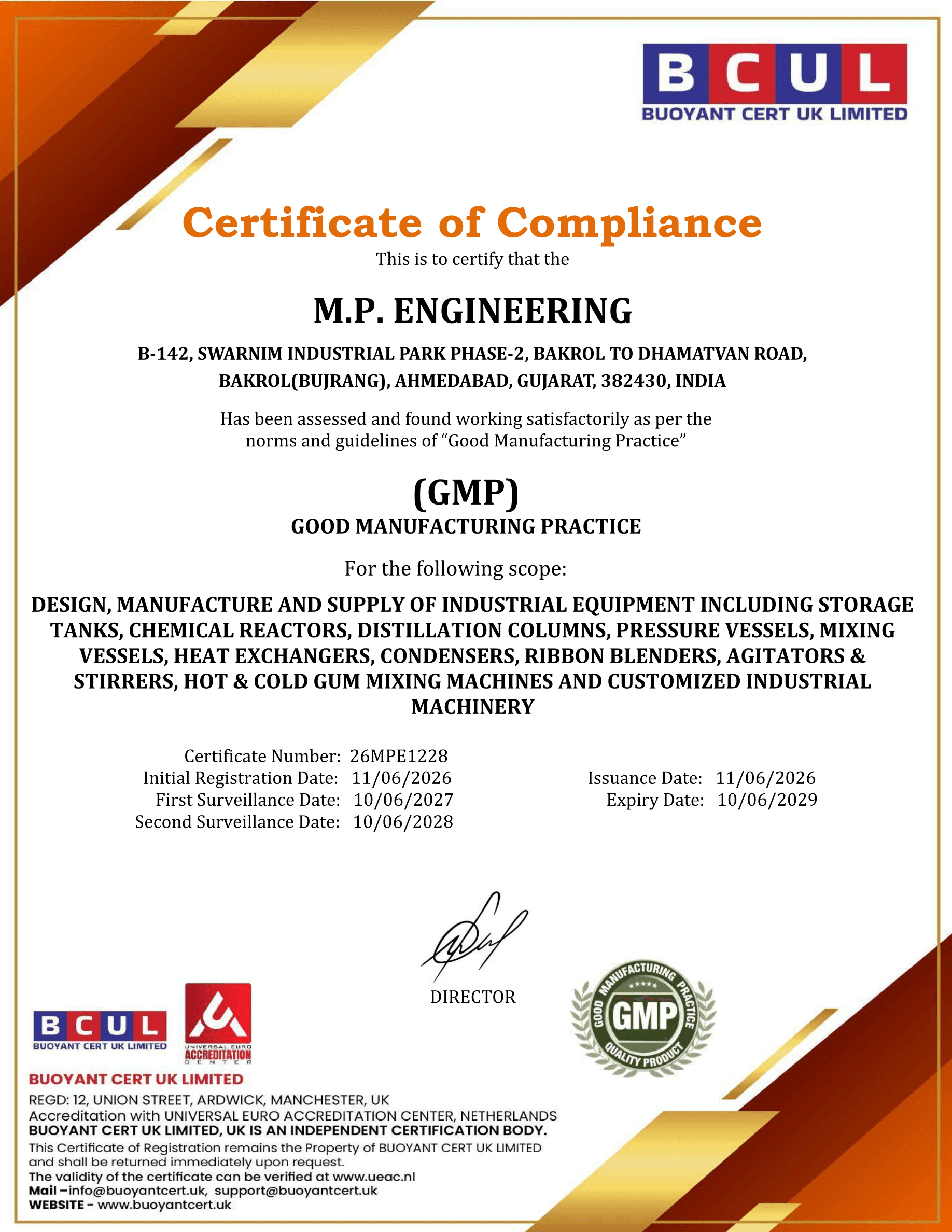 GMP Certificate of Compliance - MP Engineering