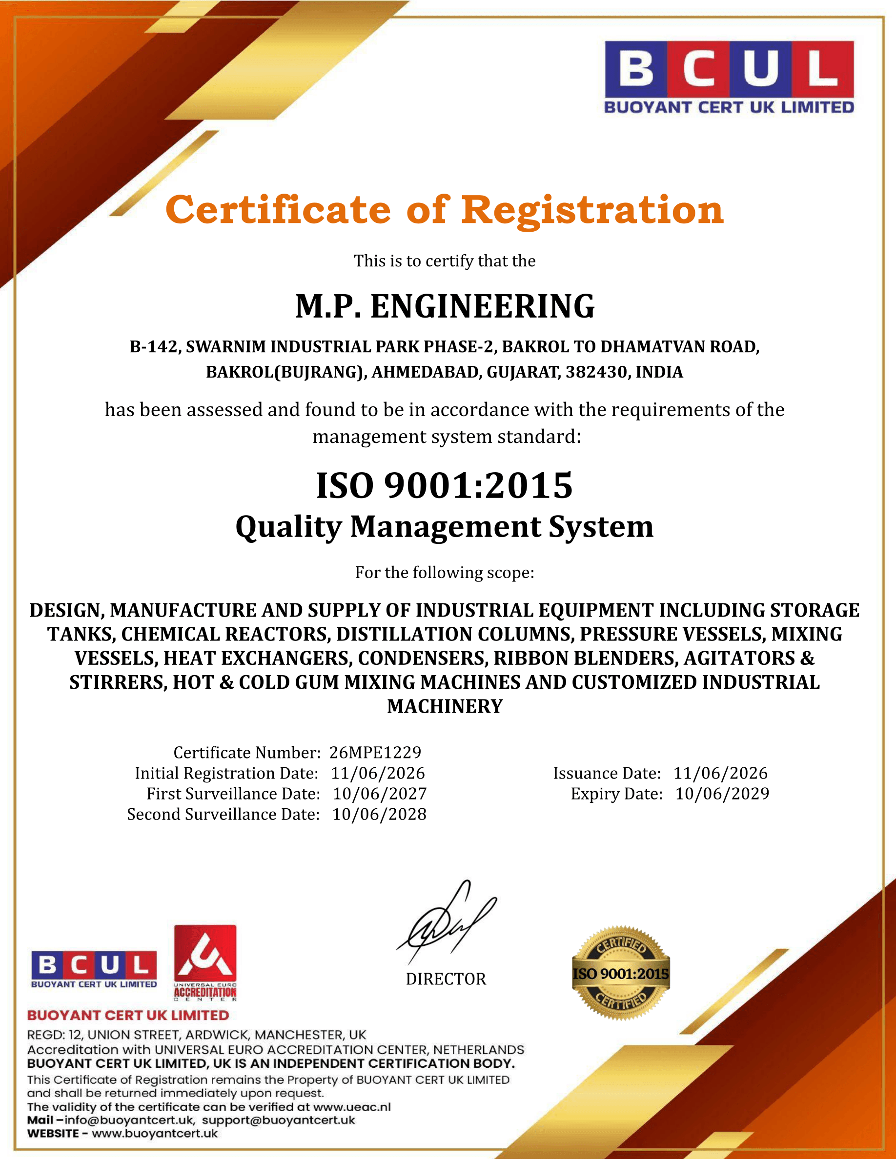 ISO 9001:2015 Certificate of Registration - MP Engineering